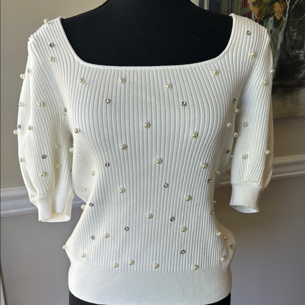 Truth by Republic offwhite Blouse with Pearl‎ Accents Puffed Sleeves Sz Large